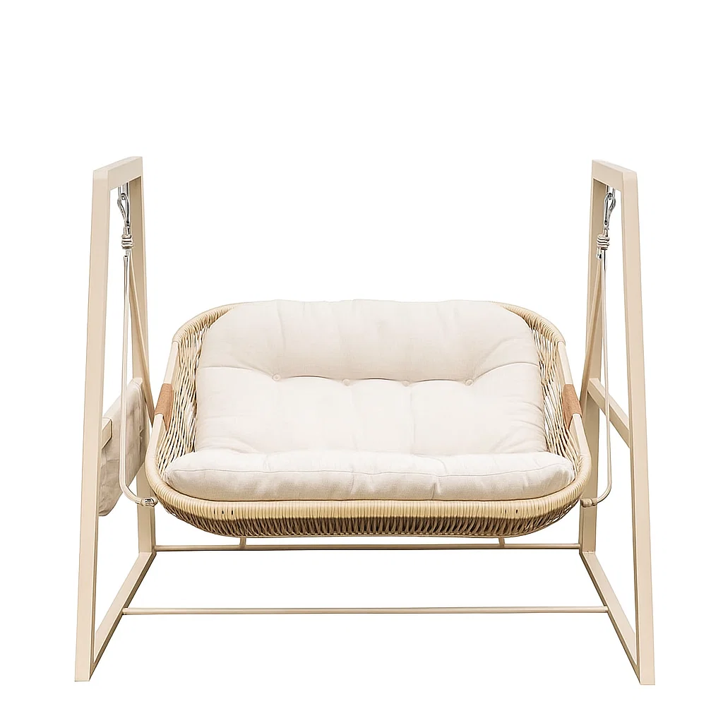 Balancelle de jardin 2 places en rotin PE tressé avec coussins épais et support métallique