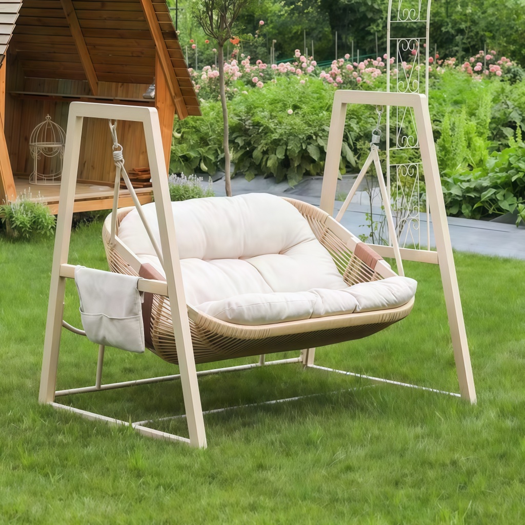 Balancelle de jardin 2 places en rotin PE tressé avec coussins épais et support métallique