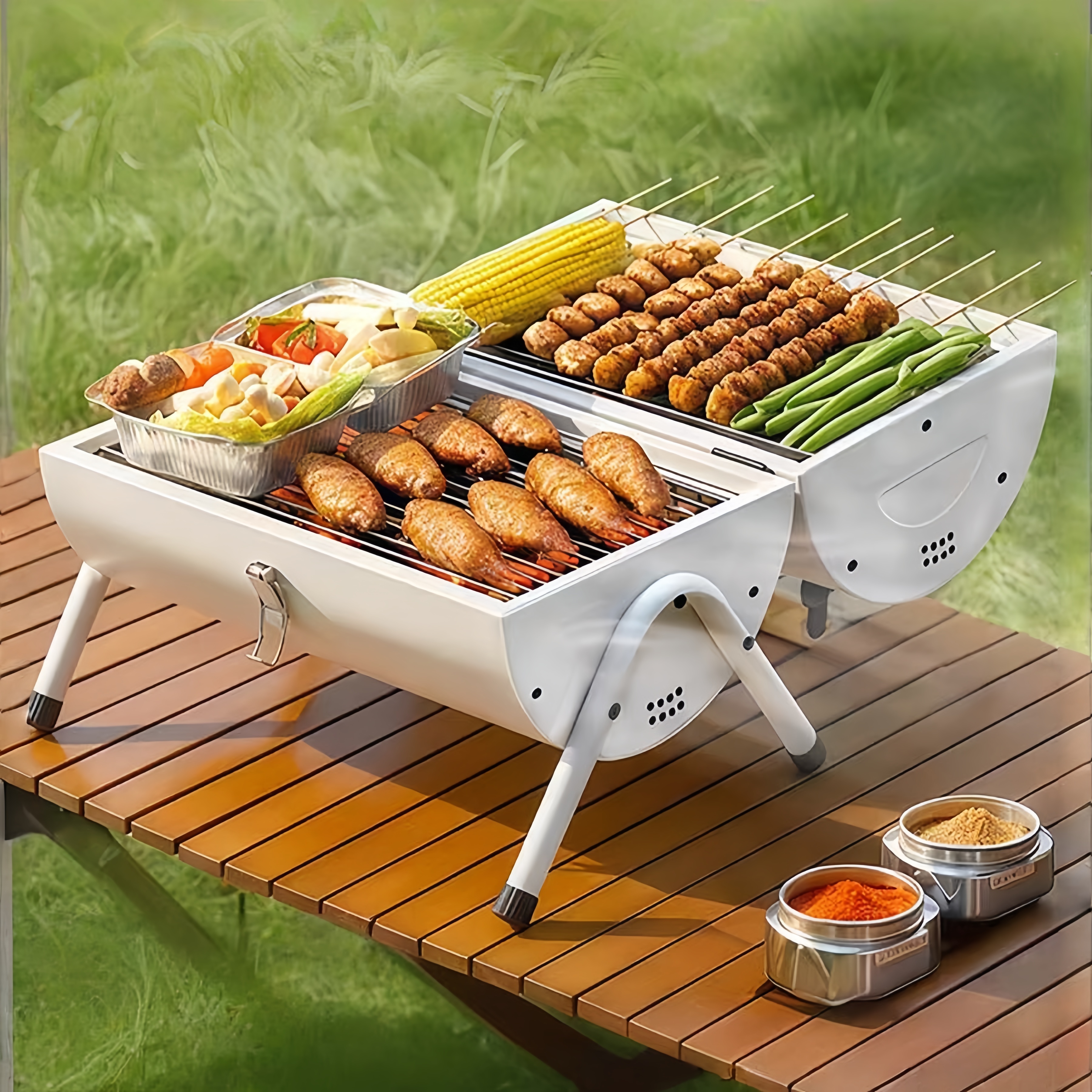 Barbecue portable à charbon double face avec couvercle et poignée