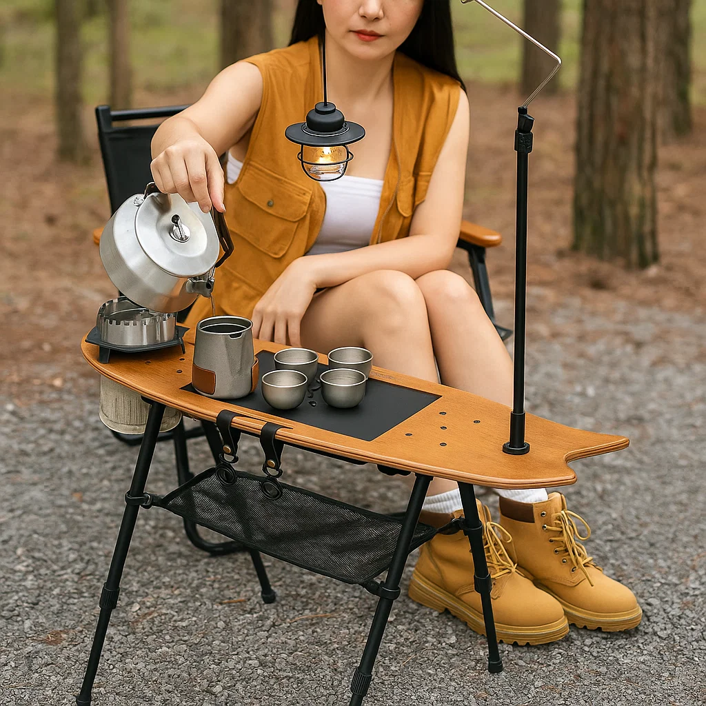 Table de camping multifonction avec support de lampe et brûleur intégré