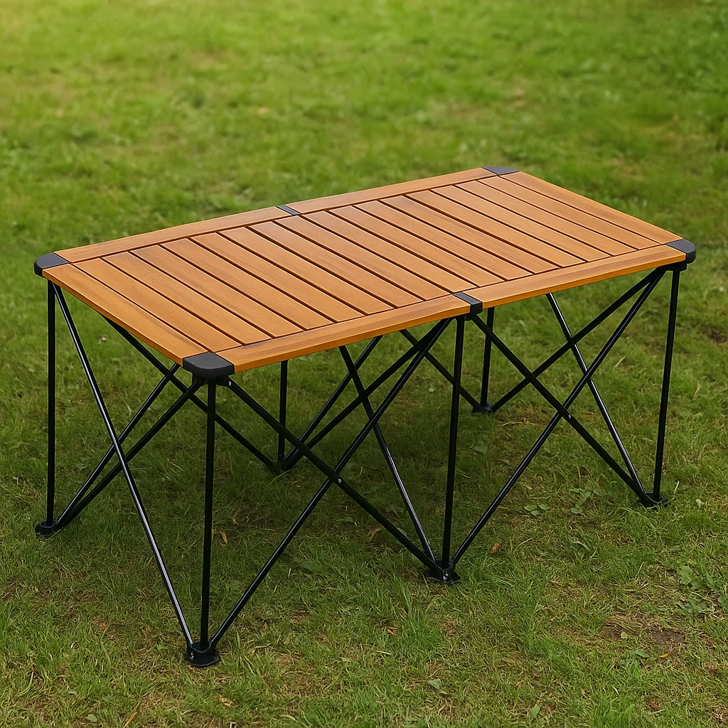 Table pliante de camping en aluminium imitation bois – résistante à l’eau et stable