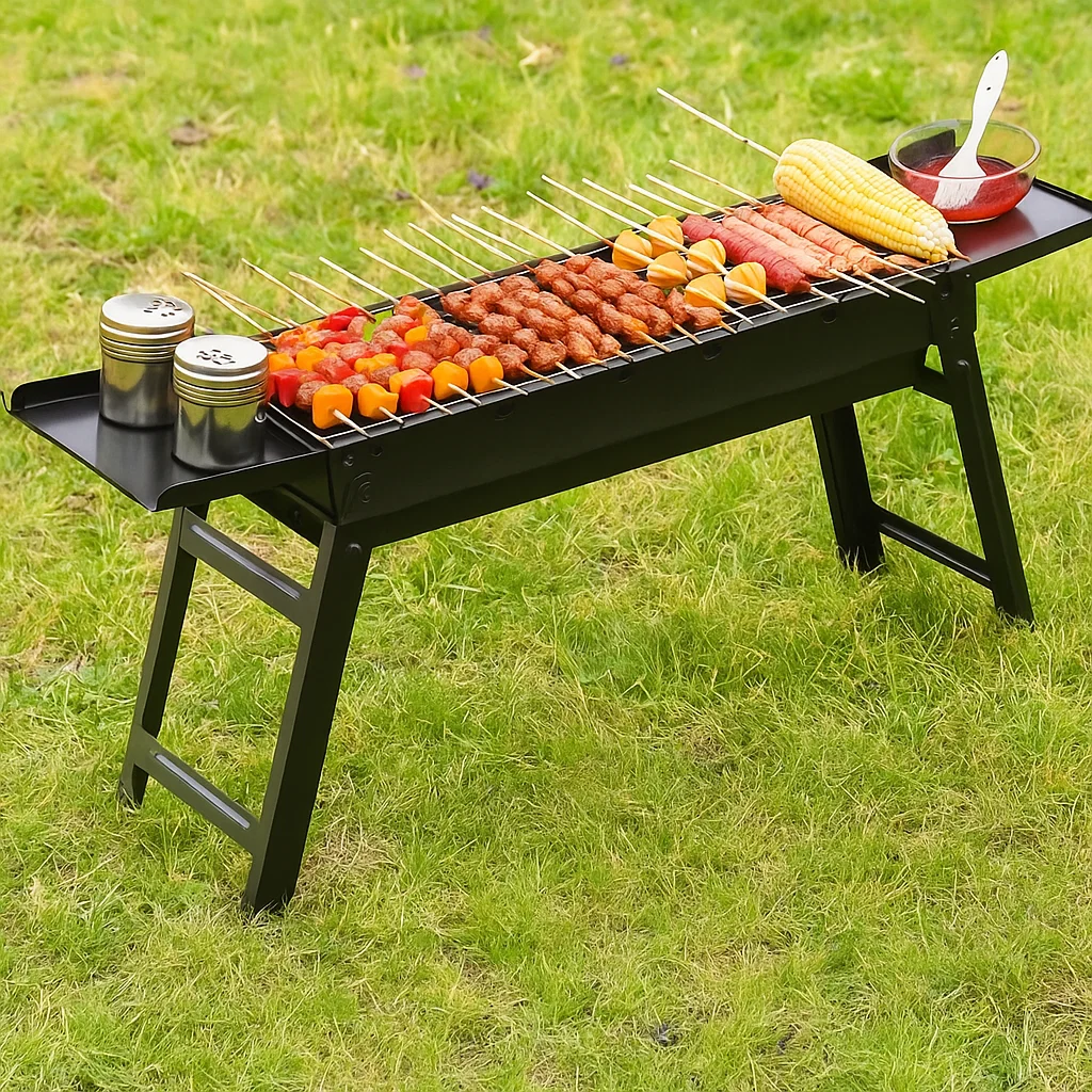 Barbecue à charbon pliable en acier avec plateau coulissant