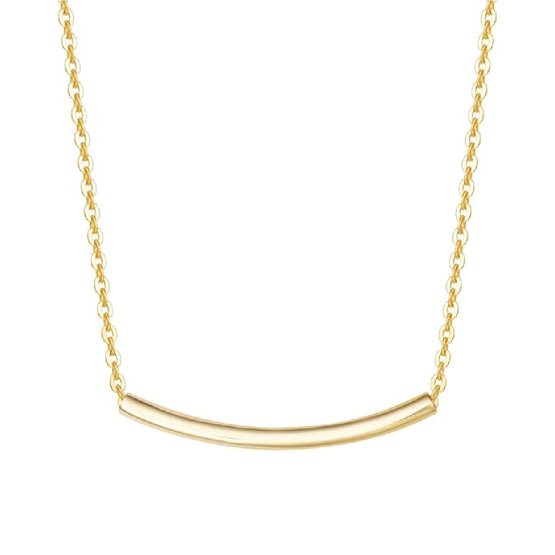 14K Real Solid Gold Smile Necklace Classic Tube Curve Bar Pendant Simple Basic Daily Wear Fine Jewelry for Women 16”+2” Extender