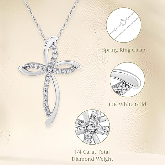 GILDED 10K White Gold Necklace for Women with Natural Round-Cut Diamond and Swirl Cross Pendant-Necklace, 18