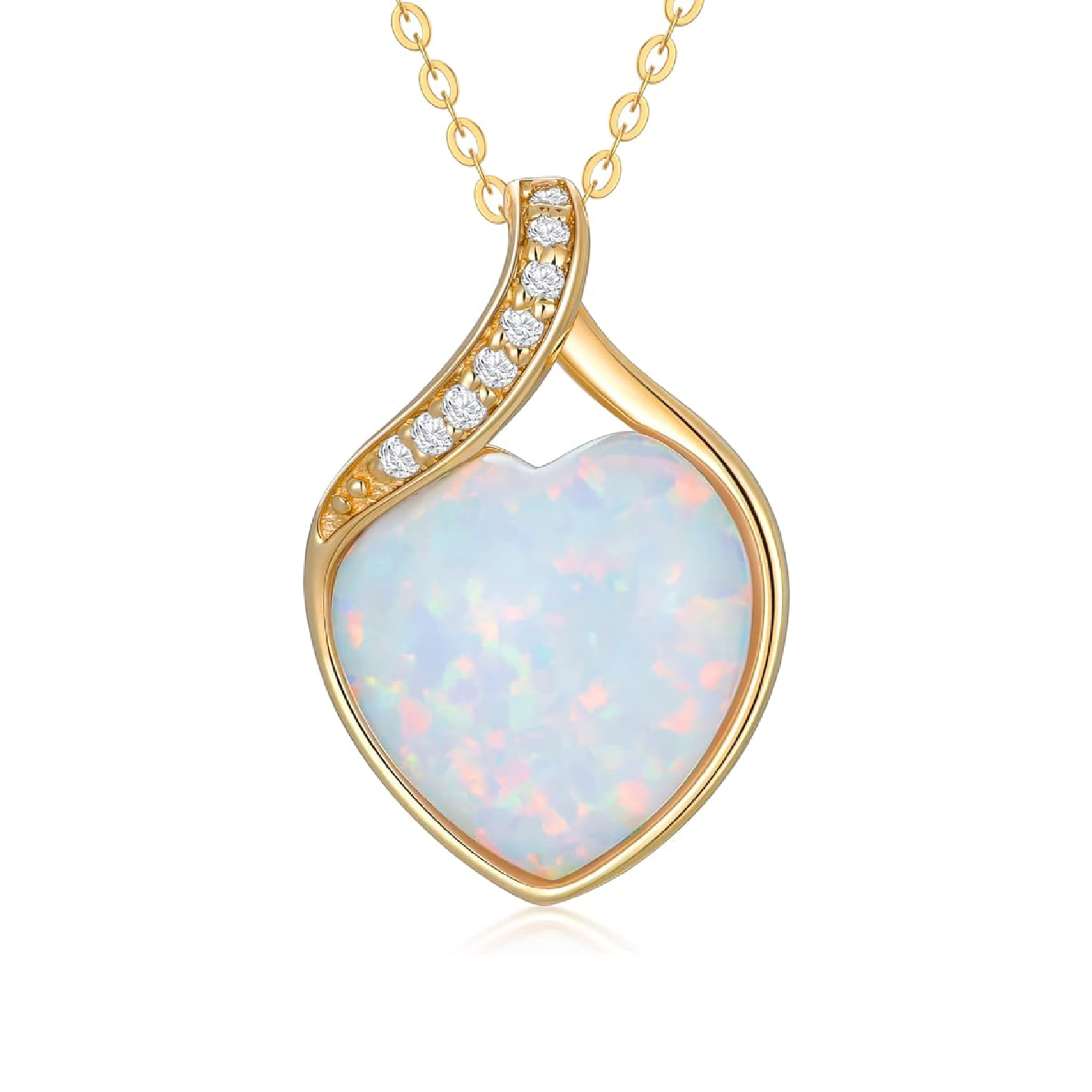 14k Solid Gold White Opal Necklace for Women Heart Shape Opal with Genuine Diamond Pendant Necklace Heart Necklace Opal Jewelry Diamond Jewelry Gifts 16