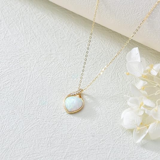 14k Solid Gold White Opal Necklace for Women Heart Shape Opal with Genuine Diamond Pendant Necklace Heart Necklace Opal Jewelry Diamond Jewelry Gifts 16
