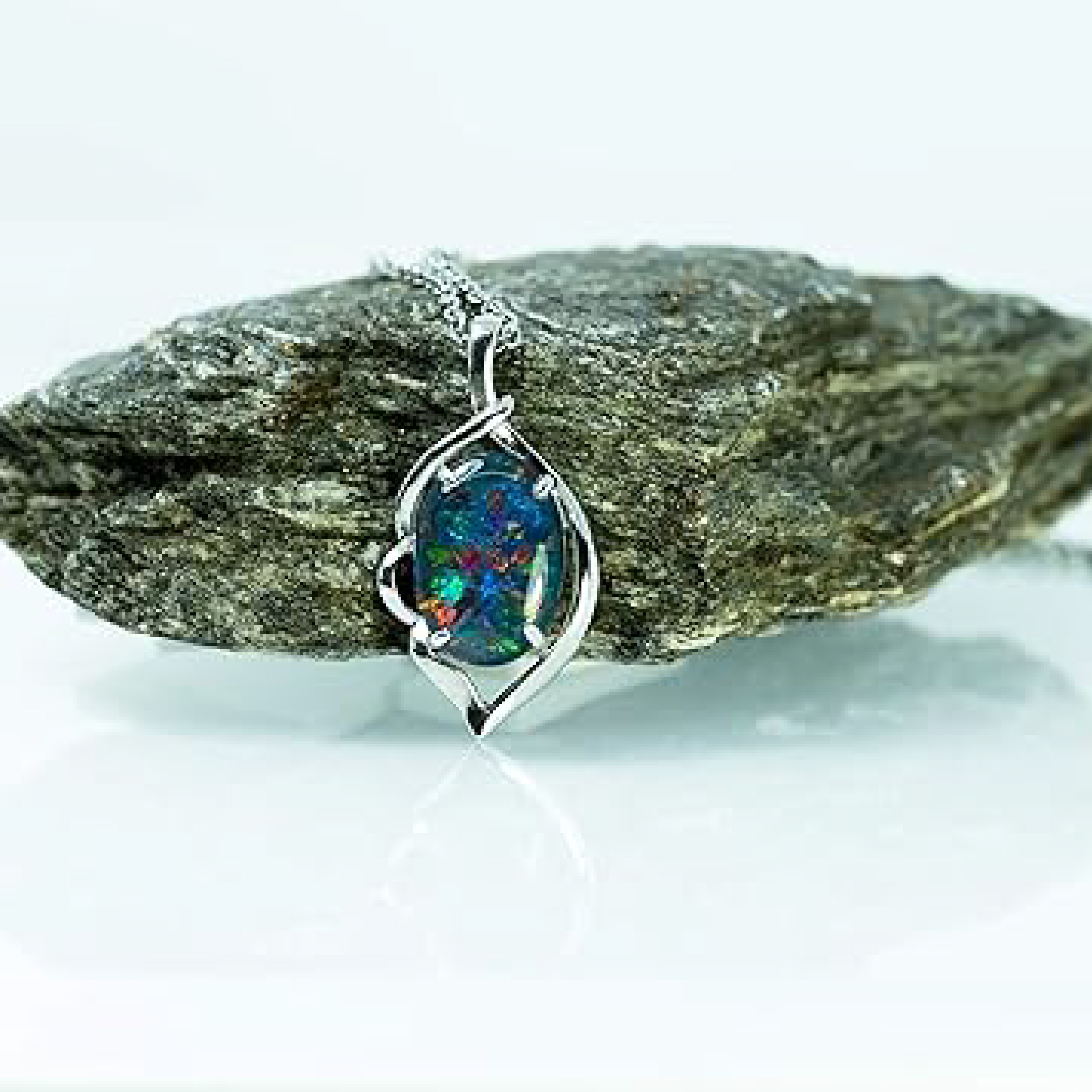 Australian Triplet Opal Necklace - 14x10mm FireOpal - Genuine Triplets Opal Necklace Pendant in Sterling Silver White Gold Plated Women's Jewelry
