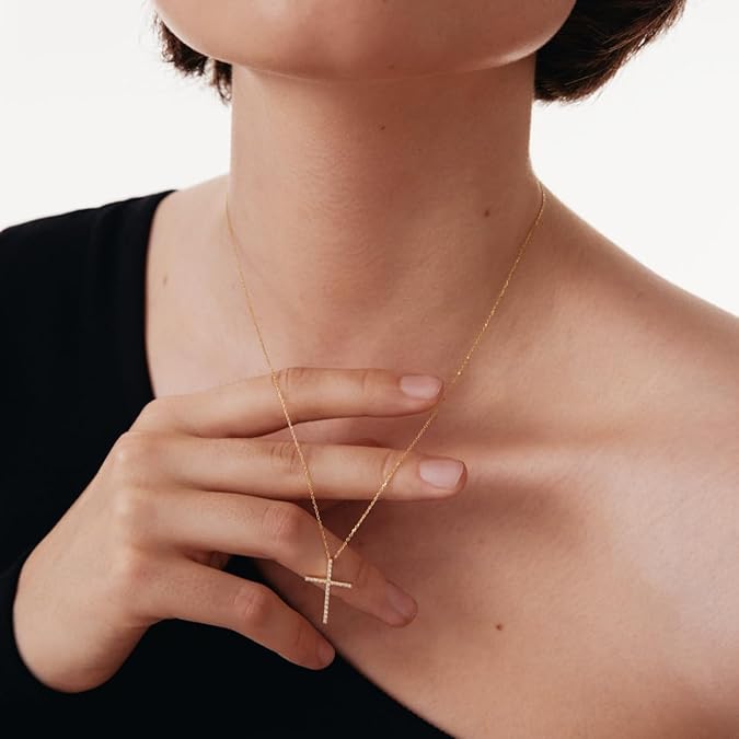 Diamond Pave Thin Cross Necklace 10K or 14K Solid Gold