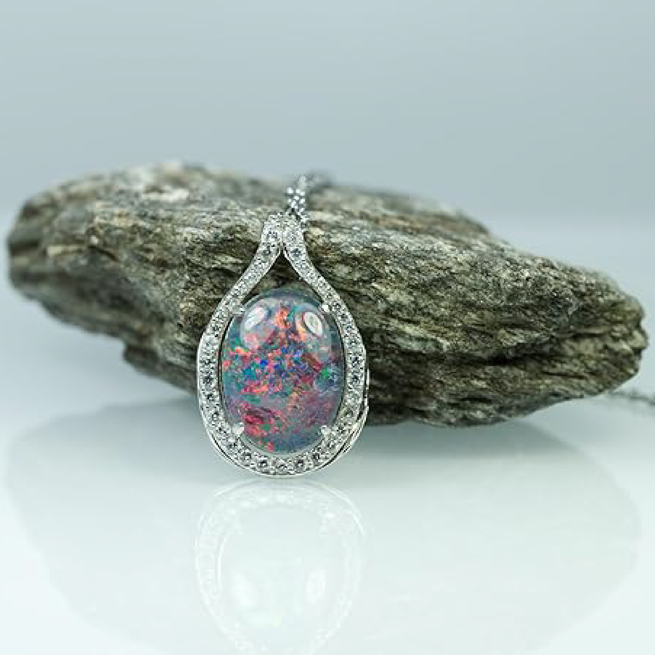 Australian Fire Opal Necklace - Large Genuine Australian Triplets Opal Necklace Pendant White Gold Plated on Sterling Silver Women's Jewelry