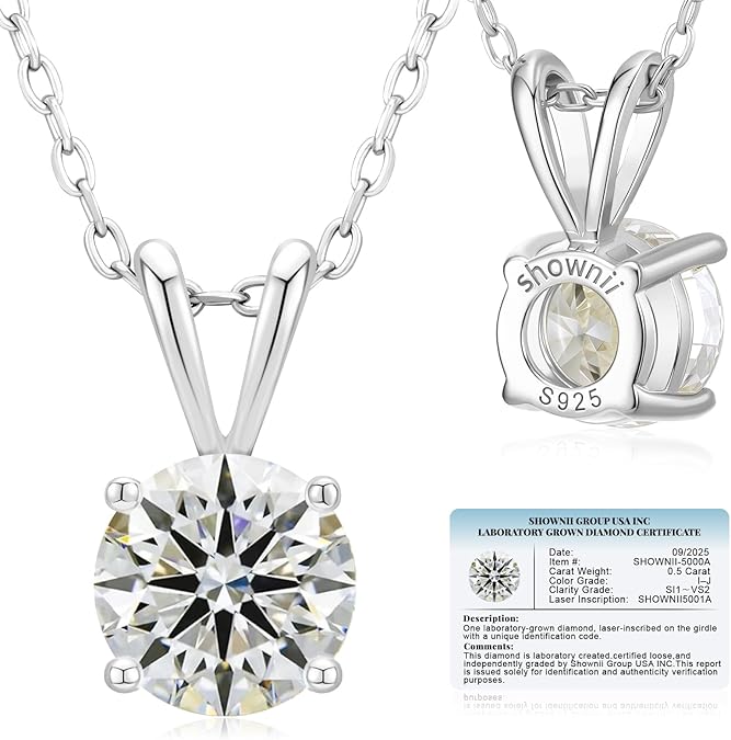 Diamond Necklace Certified LAB GROWN Round Diamond Solitaire Necklaces for Women 0.5-1CT 14K Gold Plated Sterling Silver 4 Prong Created Pendant Jewelry (I-J Color, S1-VS2 Clarity)