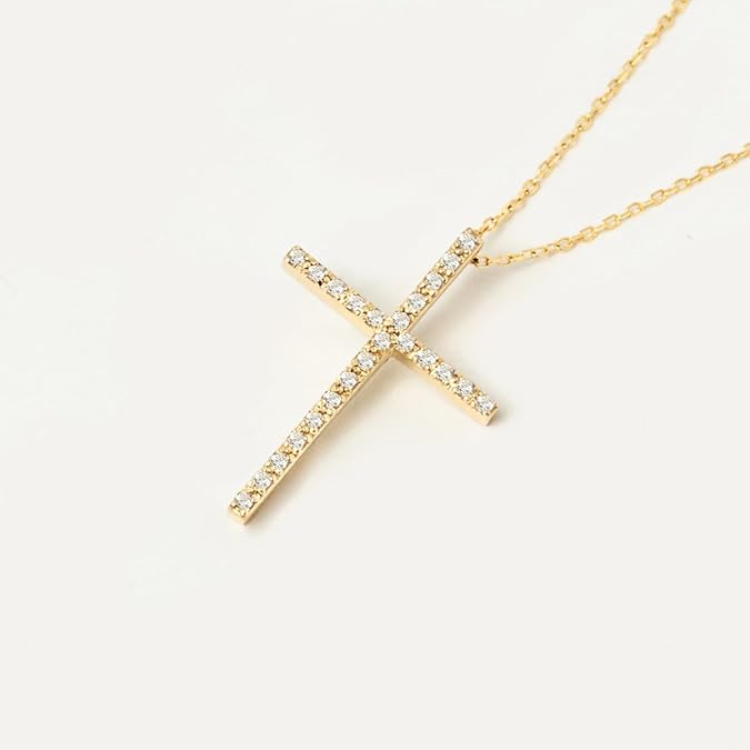Diamond Pave Thin Cross Necklace 10K or 14K Solid Gold