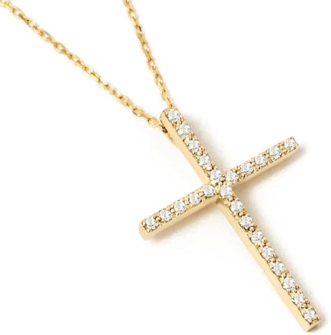 Diamond Pave Thin Cross Necklace 10K or 14K Solid Gold