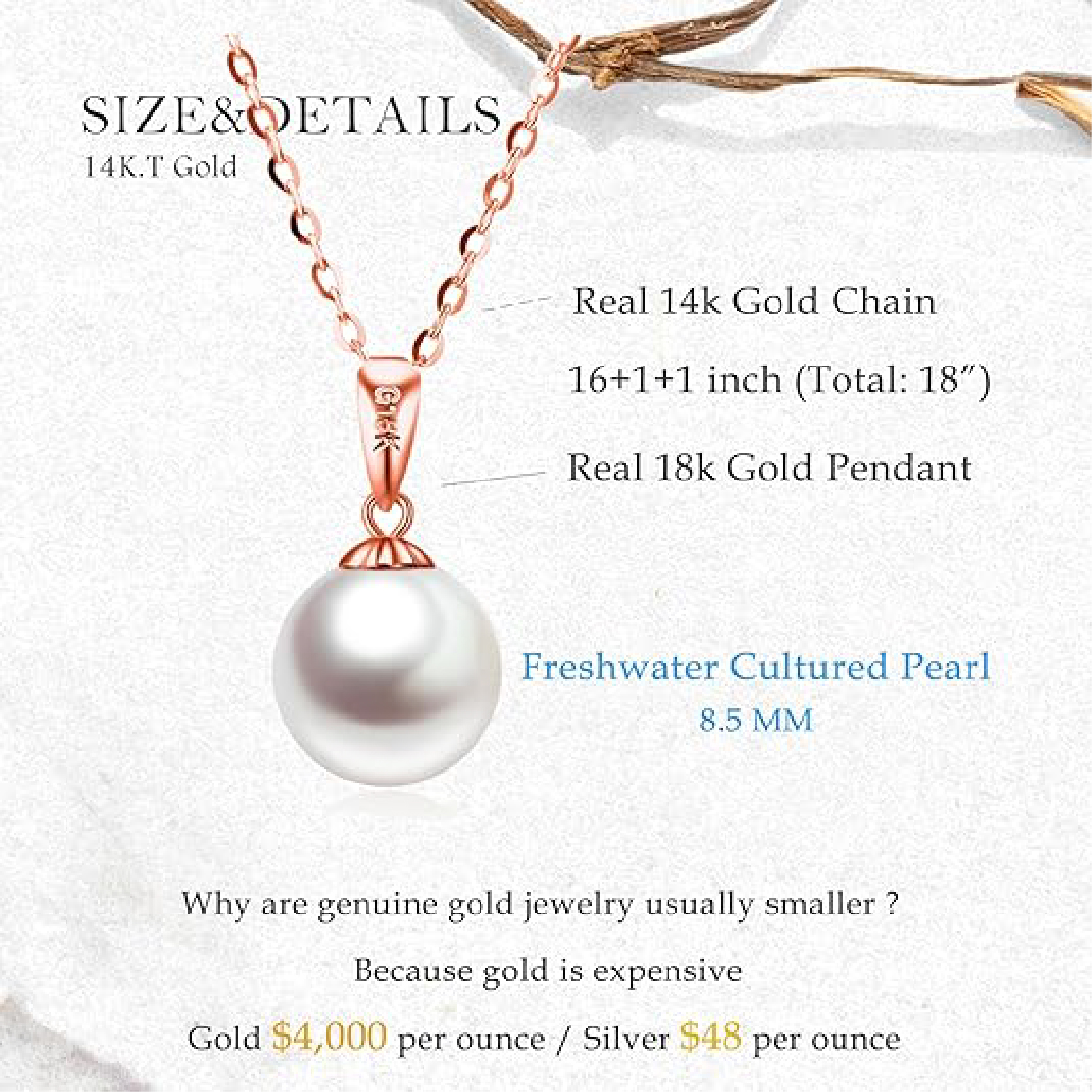 14K Gold Pearl Necklaces for Women with 18k Gold Pendant (Freshwater Cultured Pearl), Real Gold Present for Her, Jewelry Gifts for Mother Wife Girlfriend, 16