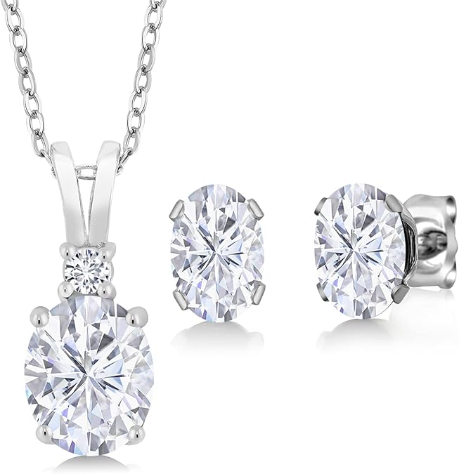 3.37 Cttw White Moissanite and White Diamond Pendant Necklace Earrings Set For Women | 925 Sterling Silver | Oval 8X6MM and 7X5MM | With 18 Inch Chain