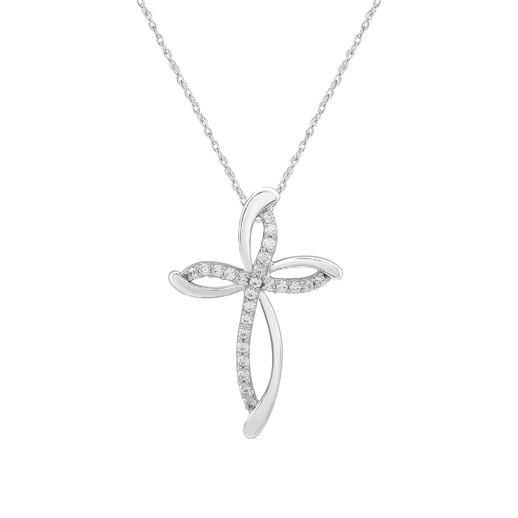 GILDED 10K White Gold Necklace for Women with Natural Round-Cut Diamond and Swirl Cross Pendant-Necklace, 18