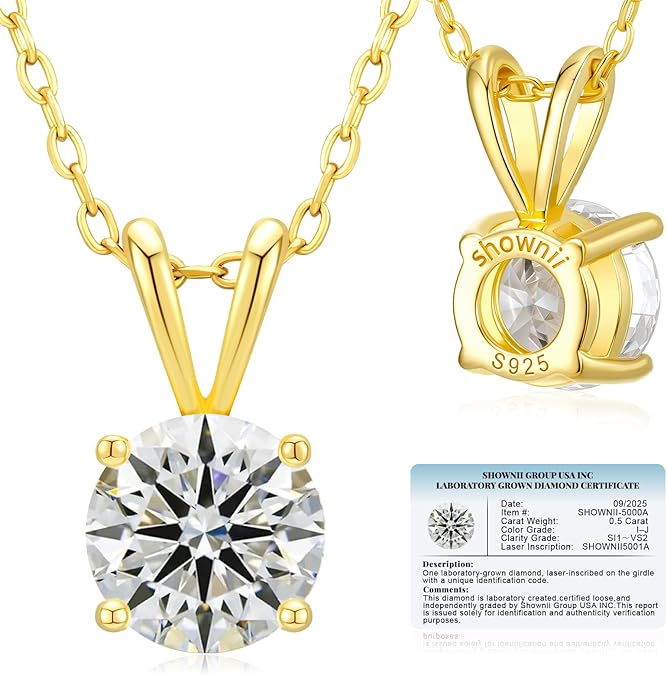 Diamond Necklace Certified LAB GROWN Round Diamond Solitaire Necklaces for Women 0.5-1CT 14K Gold Plated Sterling Silver 4 Prong Created Pendant Jewelry (I-J Color, S1-VS2 Clarity)