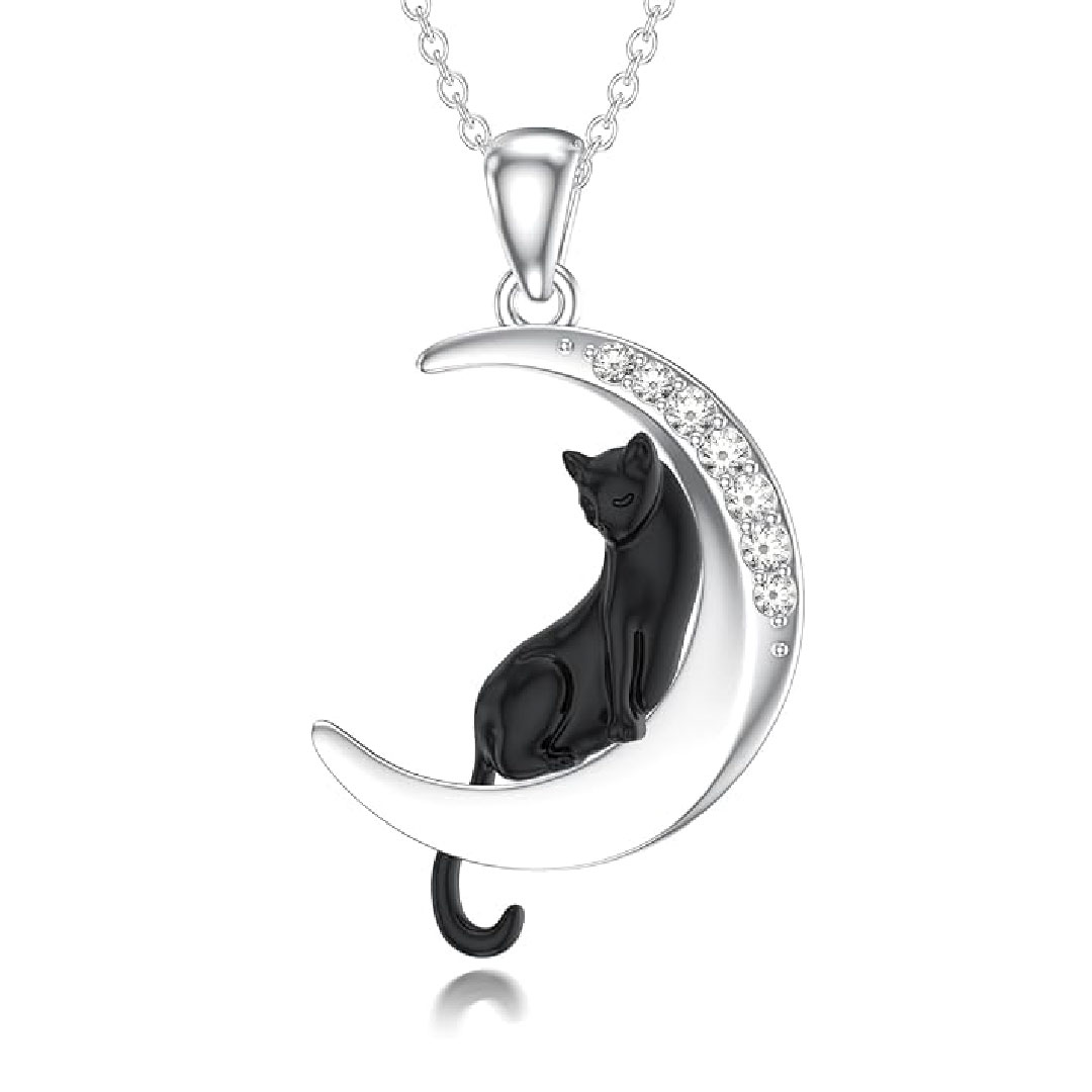 Diamond Black Cat Necklace for Women 925 Sterling Silver Cat and Moon Pendant with Lab Grown Diamonds Jewelry Gifts