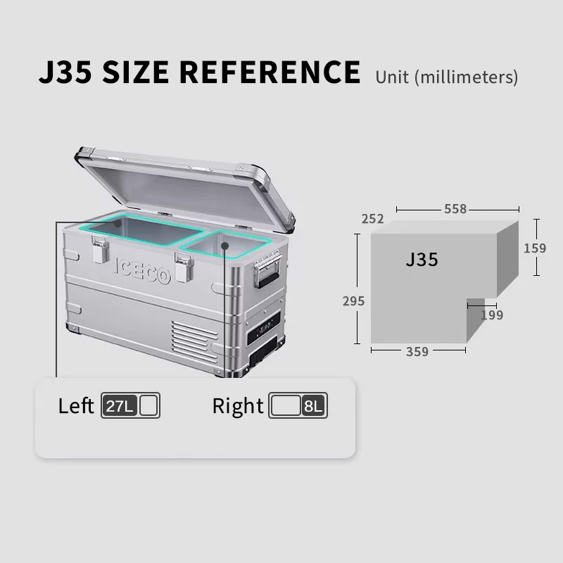T30-j35Car Refrigerator, made of aluminum alloy, suitable for both outdoor camping and home use.