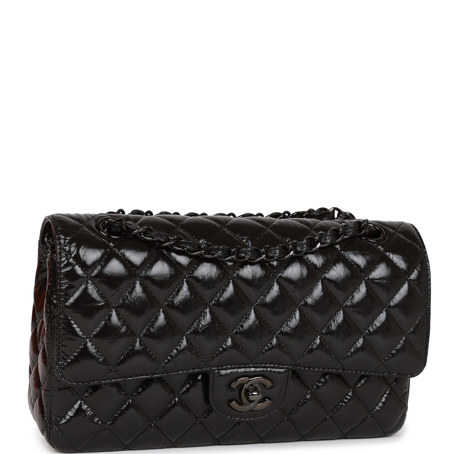 Chanel Shiny Crumpled Calfskin Quilted Medium Double Flap So Black (replica)