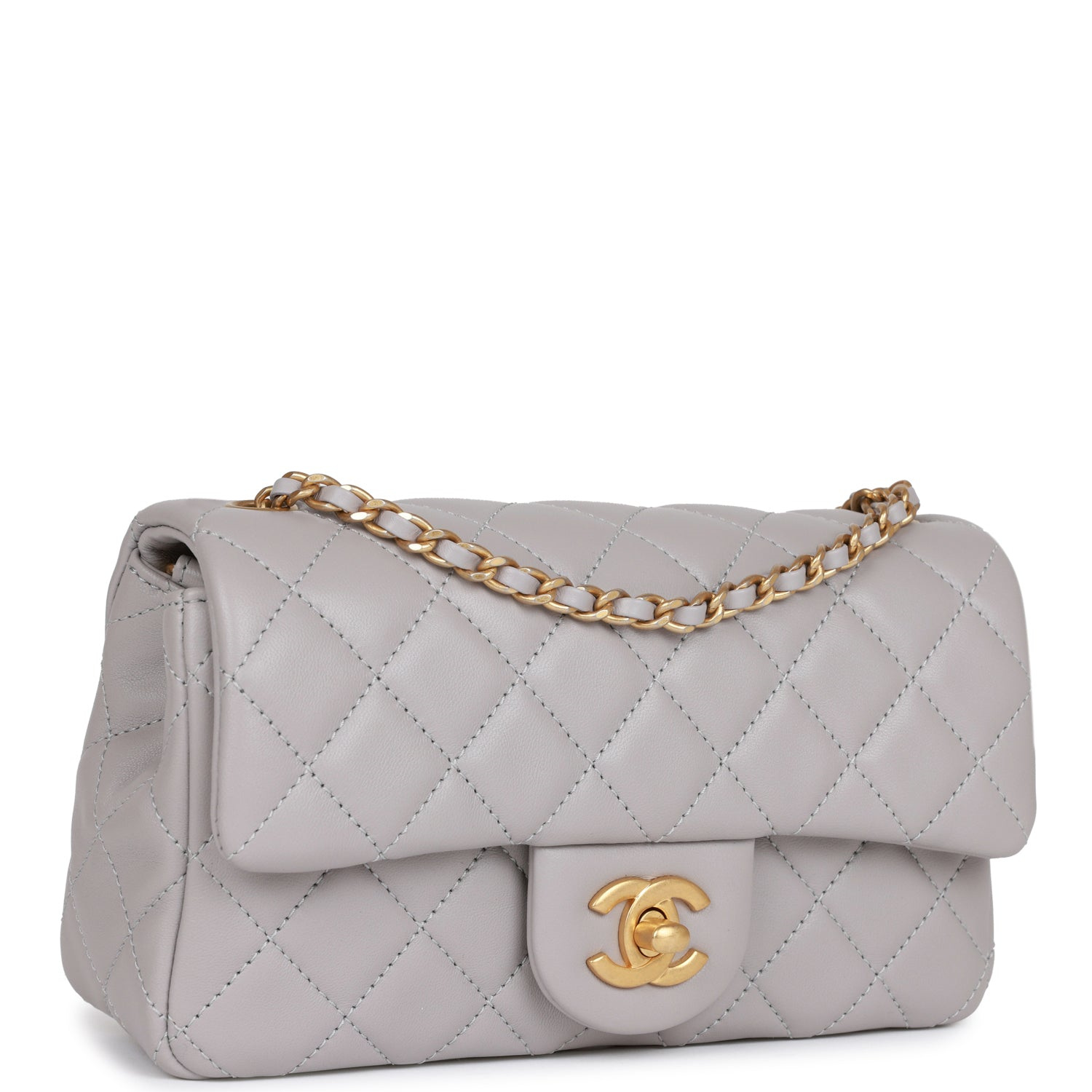 Chanel Classic Flag Bag Pearl Crush Mini Rectangular Flap Bag Light Grey   Antique Gold Hardware