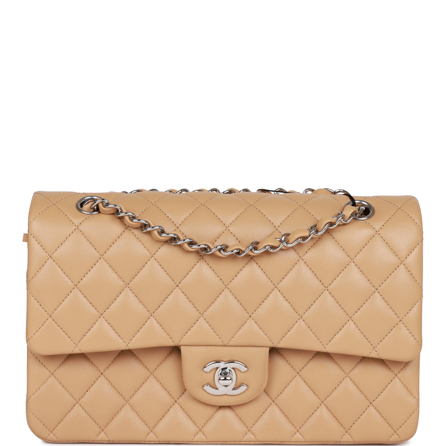 Chanel Classic Flag Bag Medium Classic Double Flap Bag Beige   Silver Hardware