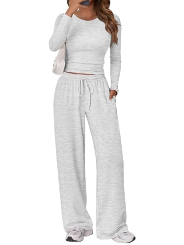 Trendy Queen Women's 2 Piece Matching Lounge Set Long Sleeve Slightly Crop Top Wide Leg Pants Casual Sweatsuit
