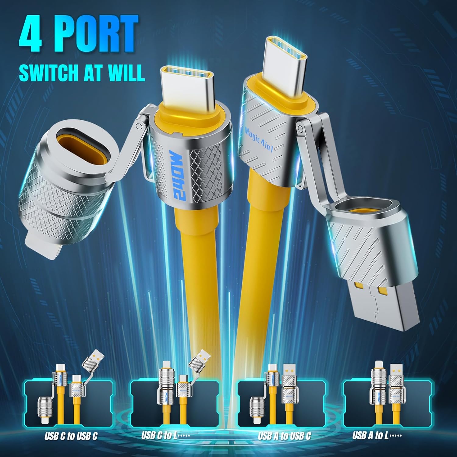 4-in-1 Multi USB C Charging Cable Cord Fast Charge 240W, USB A/C to USB C/L, Chubby Cable C Compatible with iPhone iPad Samsung MacBook Tablets All Devices, Camping & Travel Essentials (1Pack, 5FT)
