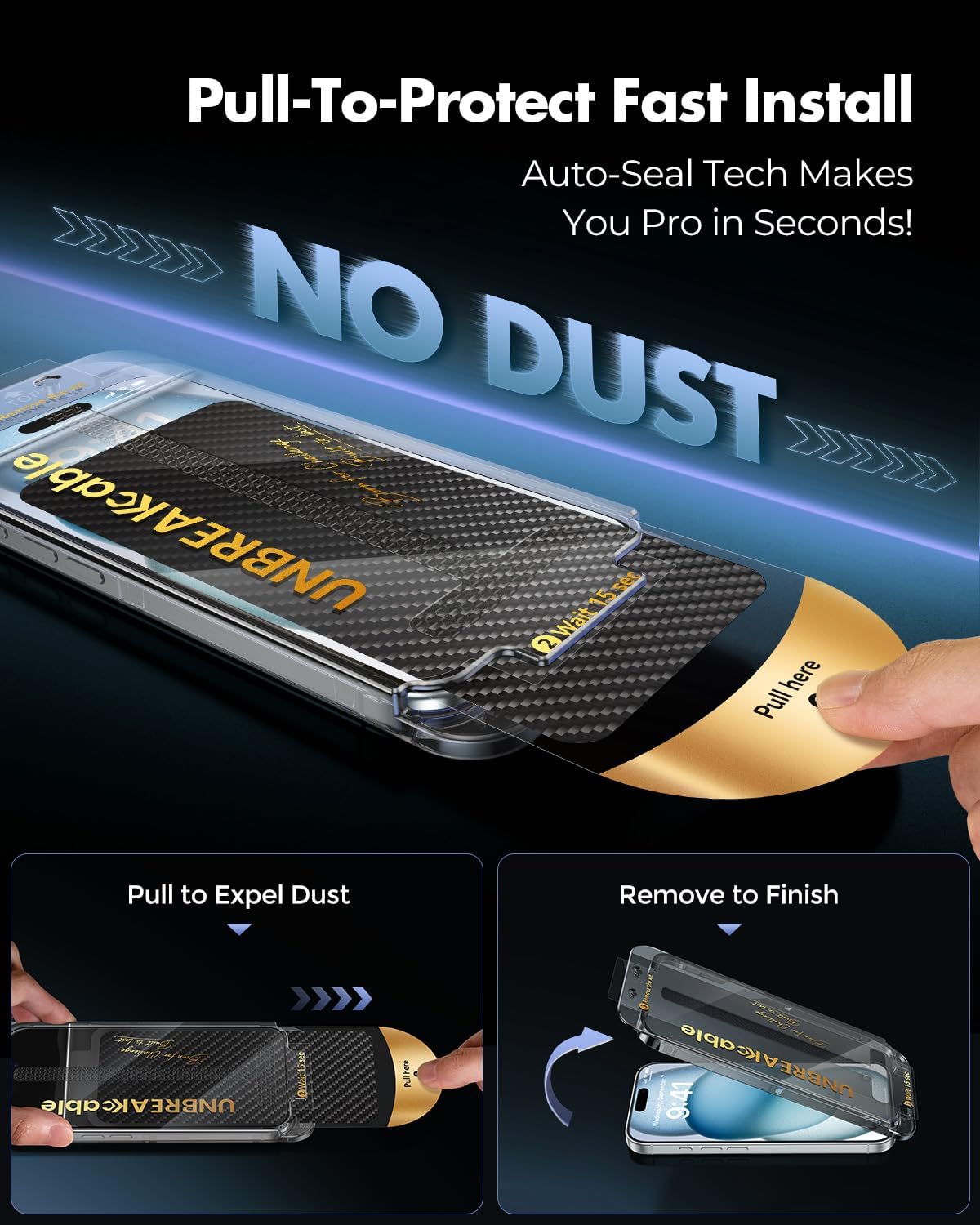 UNBREAKcable 3-Pack Screen Protector for iPhone 16 Pro Tempered Glass - [One-Pull Perfection] [Auto Dust-Elimination] [9H+ Hardness] [99.99% HD Clear] Full Coverage for iPhone 6.3 inch