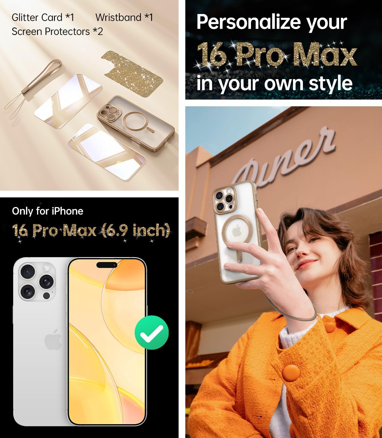 Meifigno 手机壳专为 iPhone 16 Pro 6.3 英寸设计,[兼容 MagSafe] [2X 屏幕保护膜] [闪光卡和腕带] 专为 iPhone 16 Pro 设计的环绕镜头保护,玫瑰金