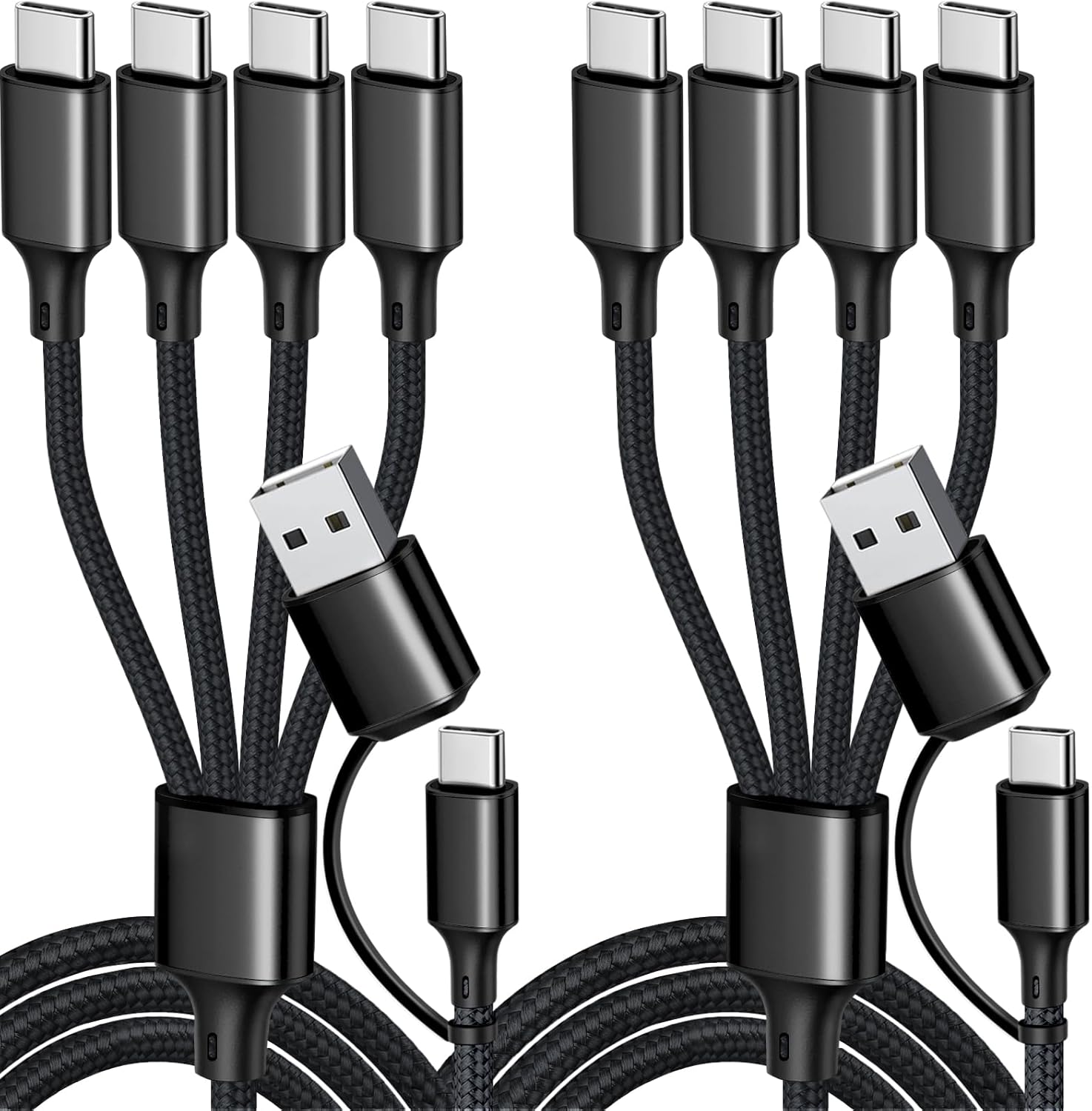 USB C Splitter Multi Charging Cable, USB A/C Fast Charging Cord, 4 in 2 Multi Charger Cable with 4 Type-C Connectors for iPhone16/15 Series/Cell Phones & Pads-2Pack 4FT Black