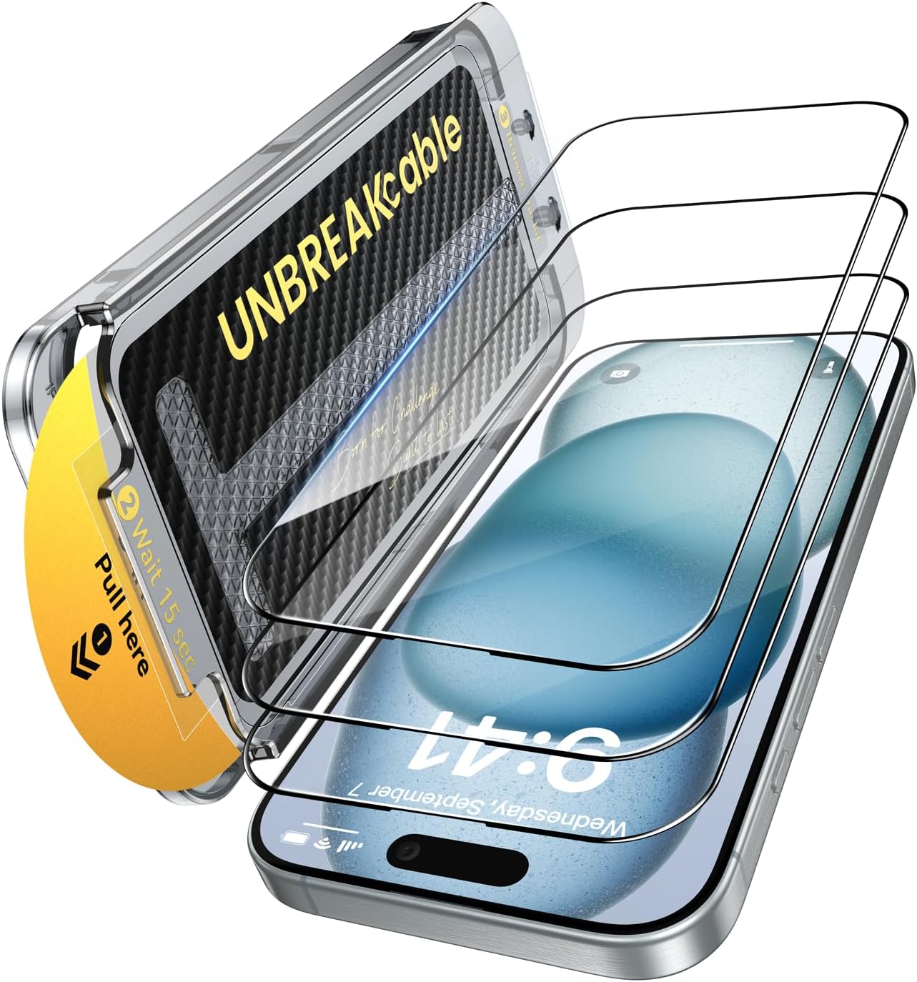 UNBREAKcable 3-Pack Screen Protector for iPhone 16 Pro Tempered Glass - [One-Pull Perfection] [Auto Dust-Elimination] [9H+ Hardness] [99.99% HD Clear] Full Coverage for iPhone 6.3 inch