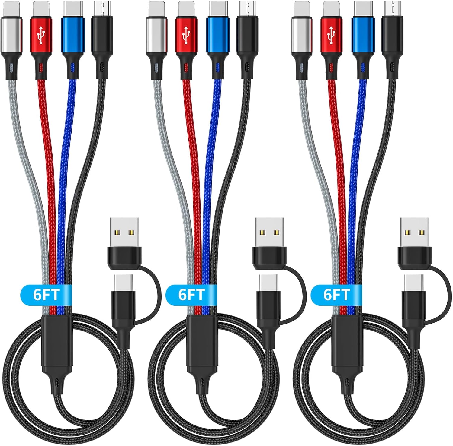 6 in 1 Multi Charging Cable, 3Pack 6FT Multiple Charging Cable, Multi Chargers Cord for All Devices Nylon Braided USB A/C Cable to 2*Lighting/Typc C/Micro USB Port for i Phone 17/16/15/Samsang/Tablets