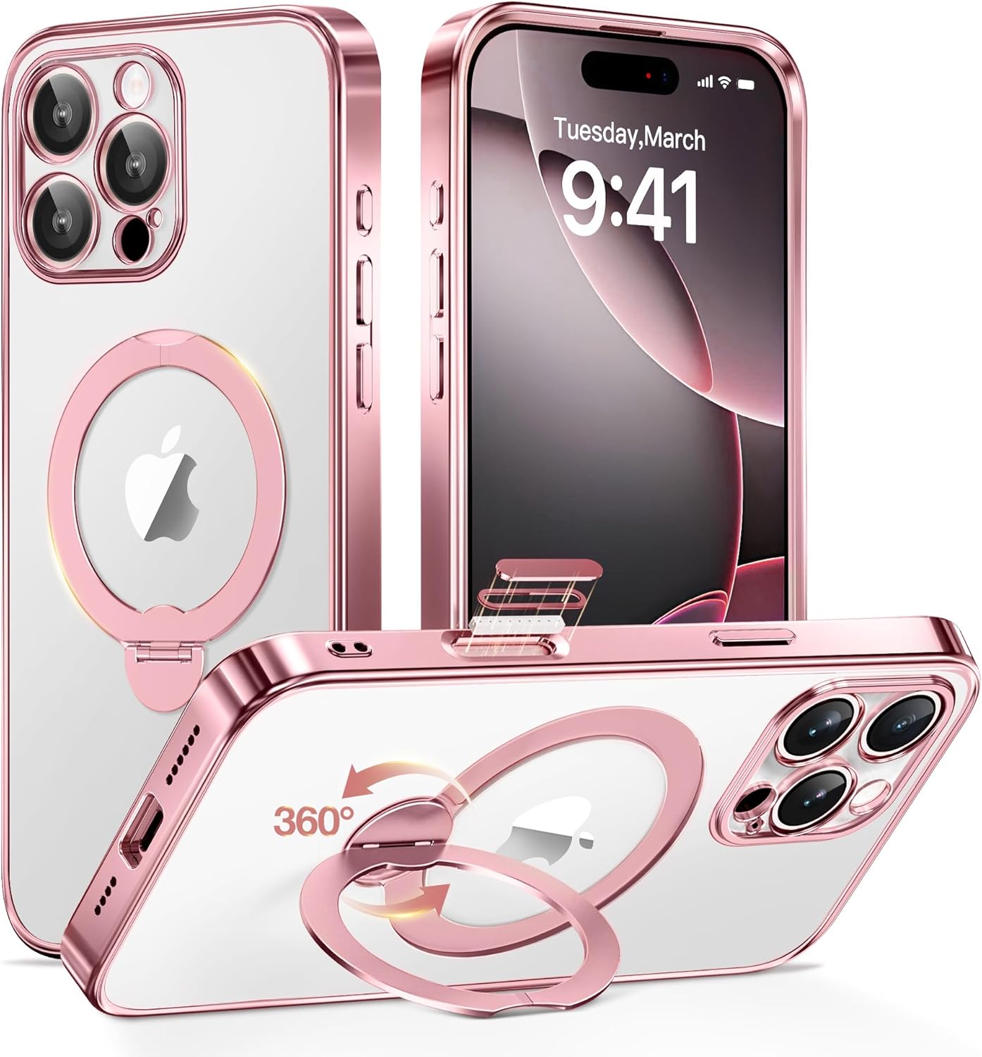 沙漠钛适用于 iPhone 16 Pro 手机壳,带 360° 旋转磁性支架,[兼容Magsafe][军事保护][内置环形支架]相机控制手机壳适用于 16 Pro,玫瑰金/透明