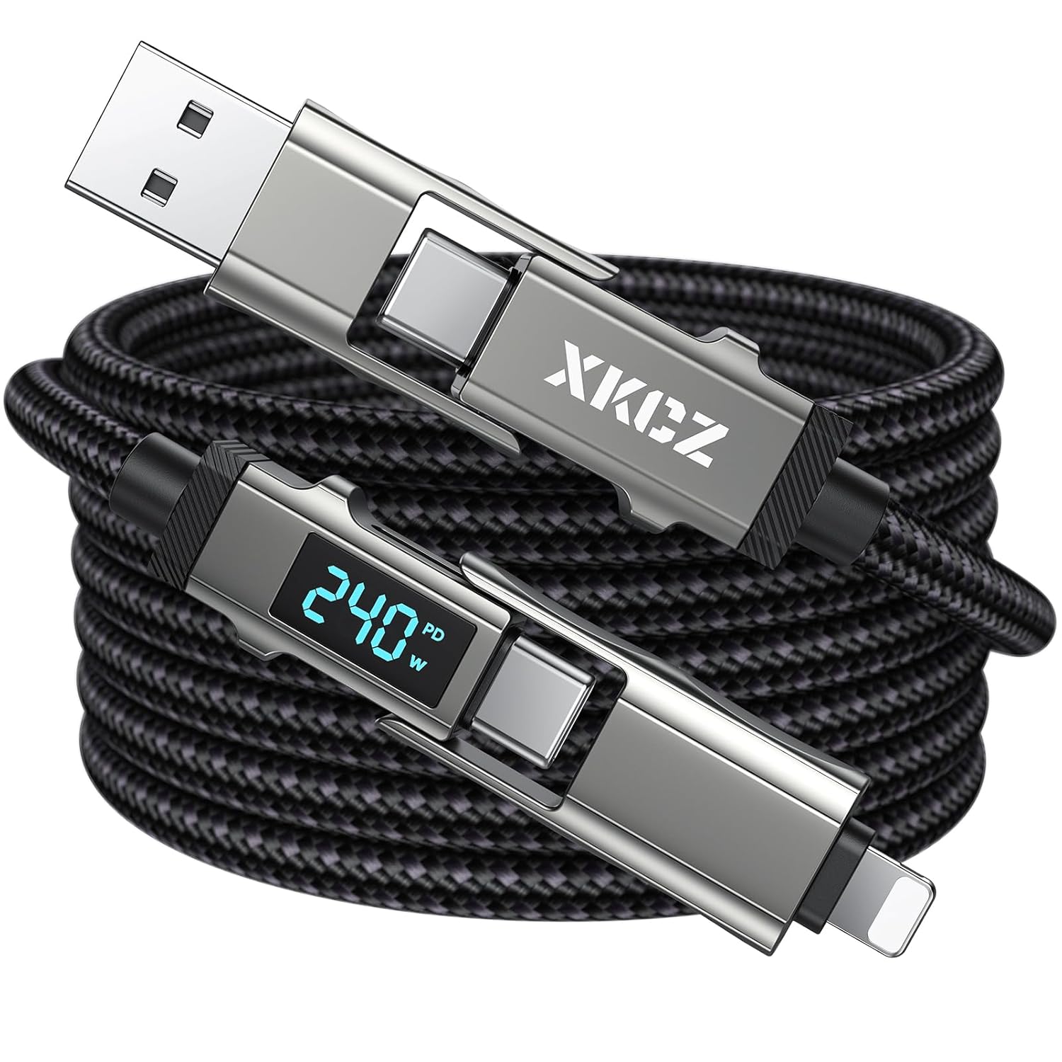 4 in 1 USB C Cable with Wattage Display, 240W Round Nylon Braided Multi Charging Cable with Data Sync, USB C Charging Cord Combo Type C/USB A/iPhone Port for iPhone/iPad/Samsung/Laptop, 3FT