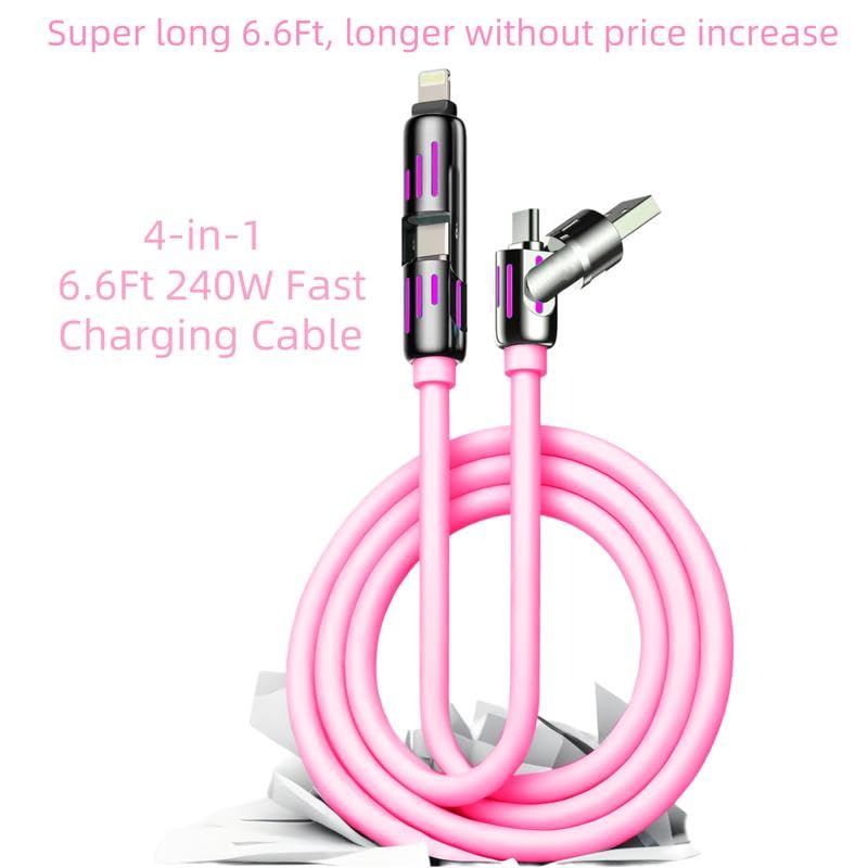 240W 4-in-1 USB Charging Cable, 6.6ft, LED Light Indicators, Fast Charge Compatible, USB-A/Type-C Connectors (Pink)