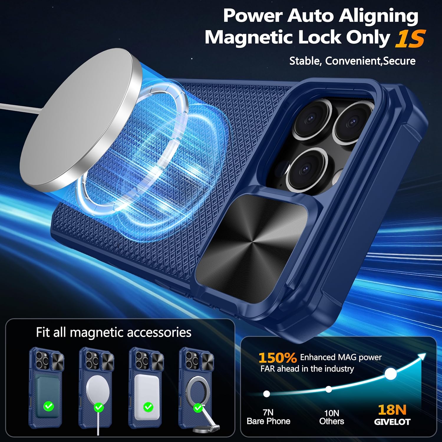 磁性适用于 iPhone 16 Pro 手机壳,[兼容 Magsafe][滑动相机盖][支架][军用级保护] iPhone 16 Pro 防震坚固手机壳,黑色