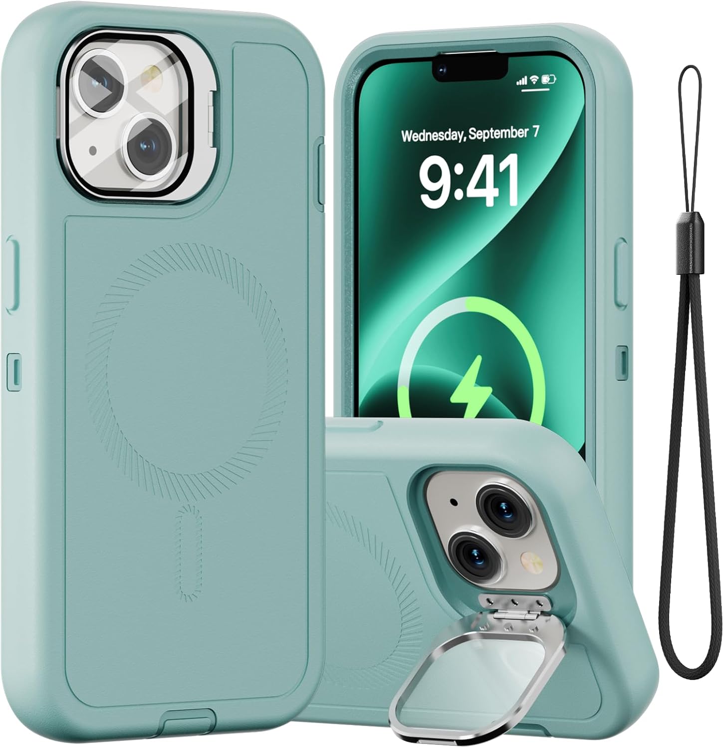 适用于 iPhone 16 Pro 手机壳,带相机镜头盖和支架,兼容 MagSafe,军用级防摔手机壳带腕带,坚固耐用,适合男士女士女孩,6.3 英寸薄荷绿