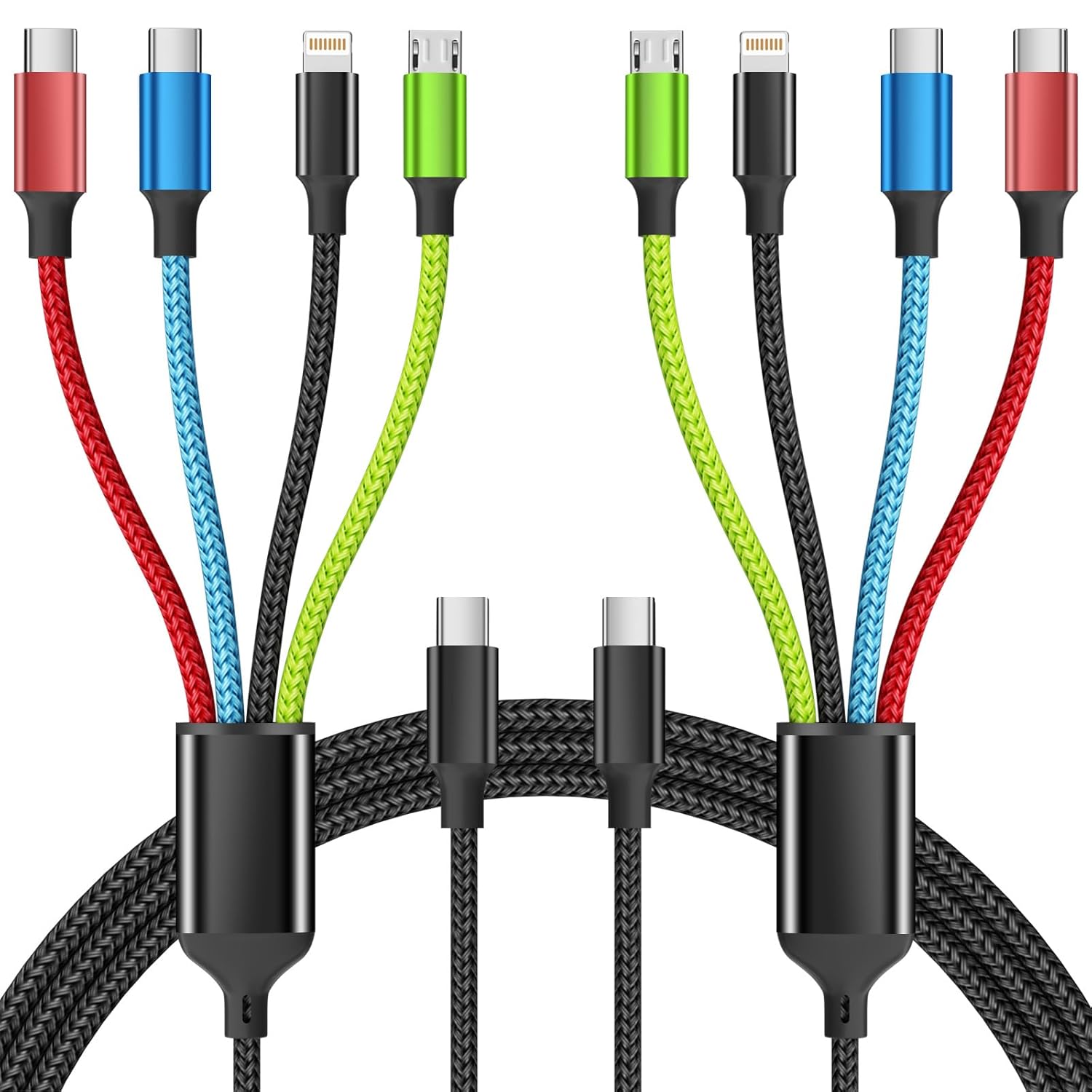 Dual Type-C 4 in 1 Multi Charging Cable [1Pack 5FT], Nylon 4 in 1 Charging Cable, Multi Chargers for All Devices with IP/Type C/Micro Port, Compatible with Most Cell Phones/Tablets and More