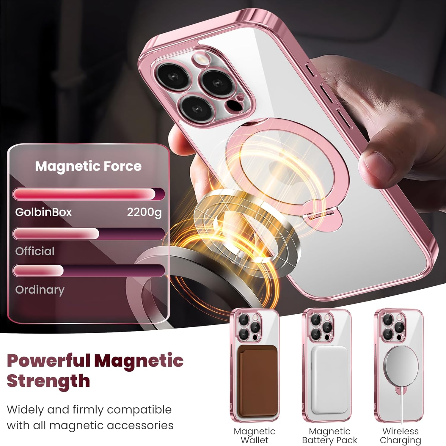 沙漠钛适用于 iPhone 16 Pro 手机壳,带 360° 旋转磁性支架,[兼容Magsafe][军事保护][内置环形支架]相机控制手机壳适用于 16 Pro,玫瑰金/透明