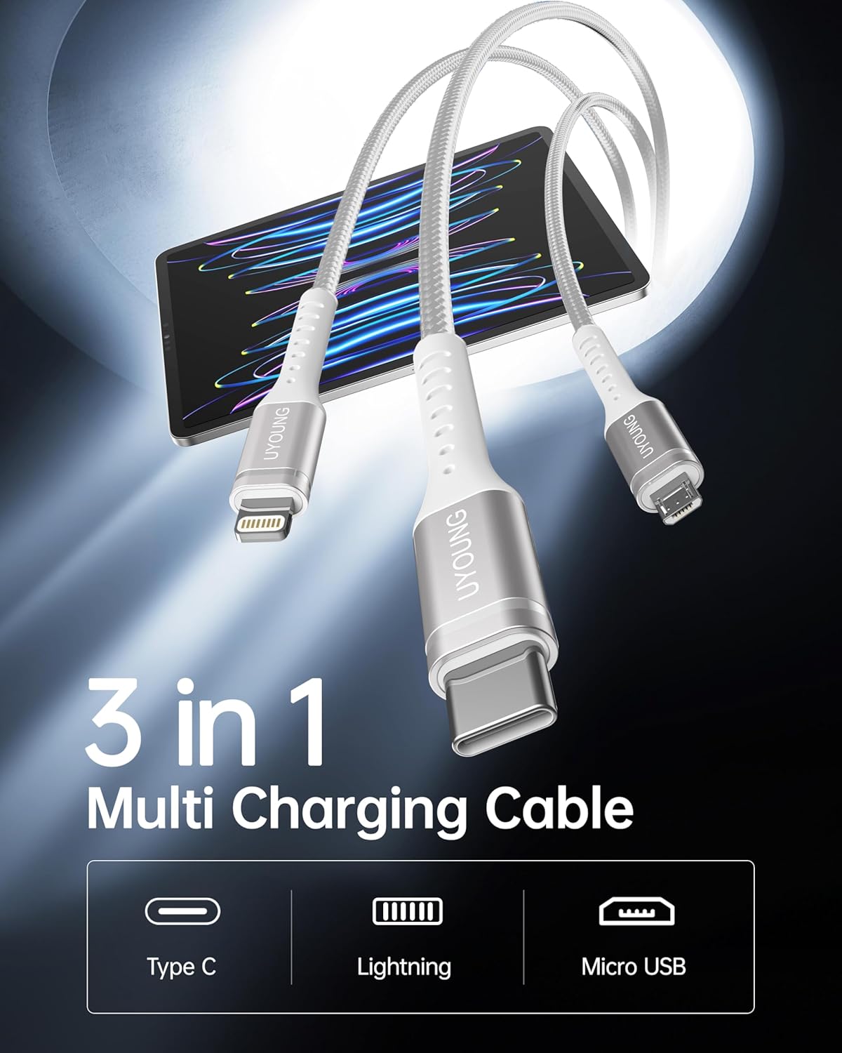Multi Charging Cable 2Pack 6FT, 3 in 1 Charger Cable Braided Universal Phone Charging Cord with Lightning/Type C/Micro USB Ends, Multiple USB Cable for iPhone/Samsung/Google Cell Phones and More