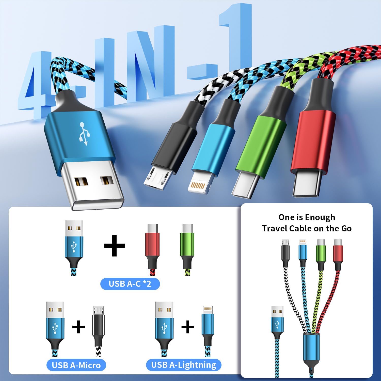 Travel Essentials Dual Type-C 4 in 1 Charging Cable 2 Pack 5FT Multi Charging Cables for All Devices,iPhone Charging Cord Adapter 2 USB-C/IP/Micro Port for Cell Phones Tablets Samsung Galaxy PS & More