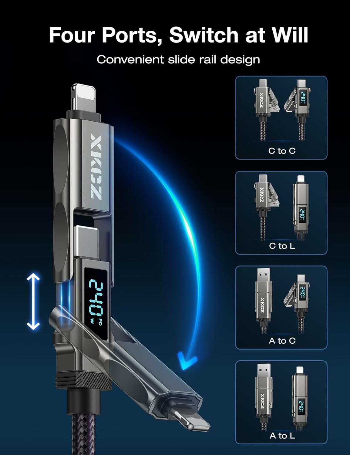 4 in 1 USB C Cable with Wattage Display, 240W Round Nylon Braided Multi Charging Cable with Data Sync, USB C Charging Cord Combo Type C/USB A/iPhone Port for iPhone/iPad/Samsung/Laptop, 3FT