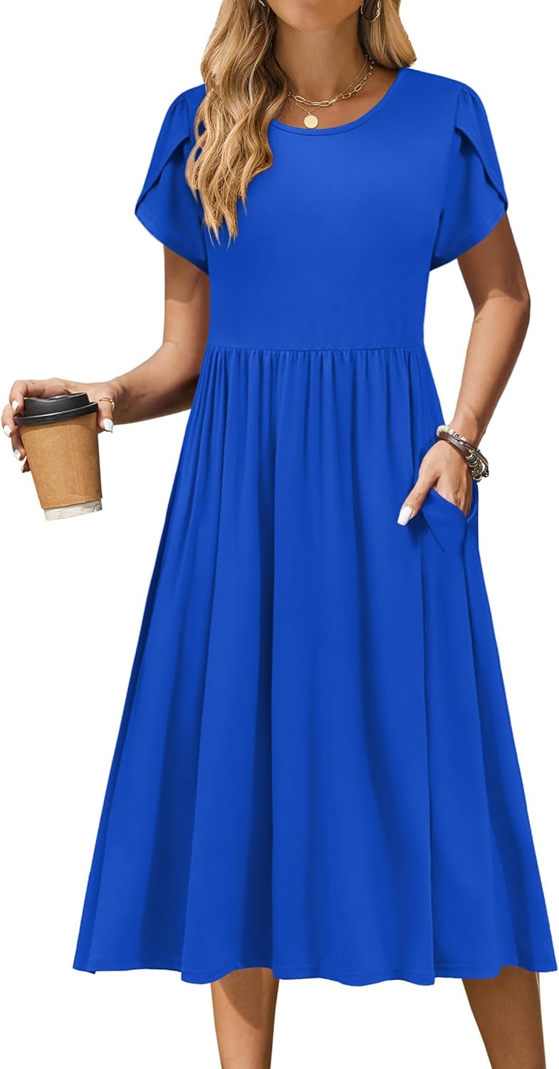 Zeagoo Women Summer Short Sleeve Midi Dress with Pockets Casual Aline Flowy Tshirt Dress Floral Vocation Beach Sundress