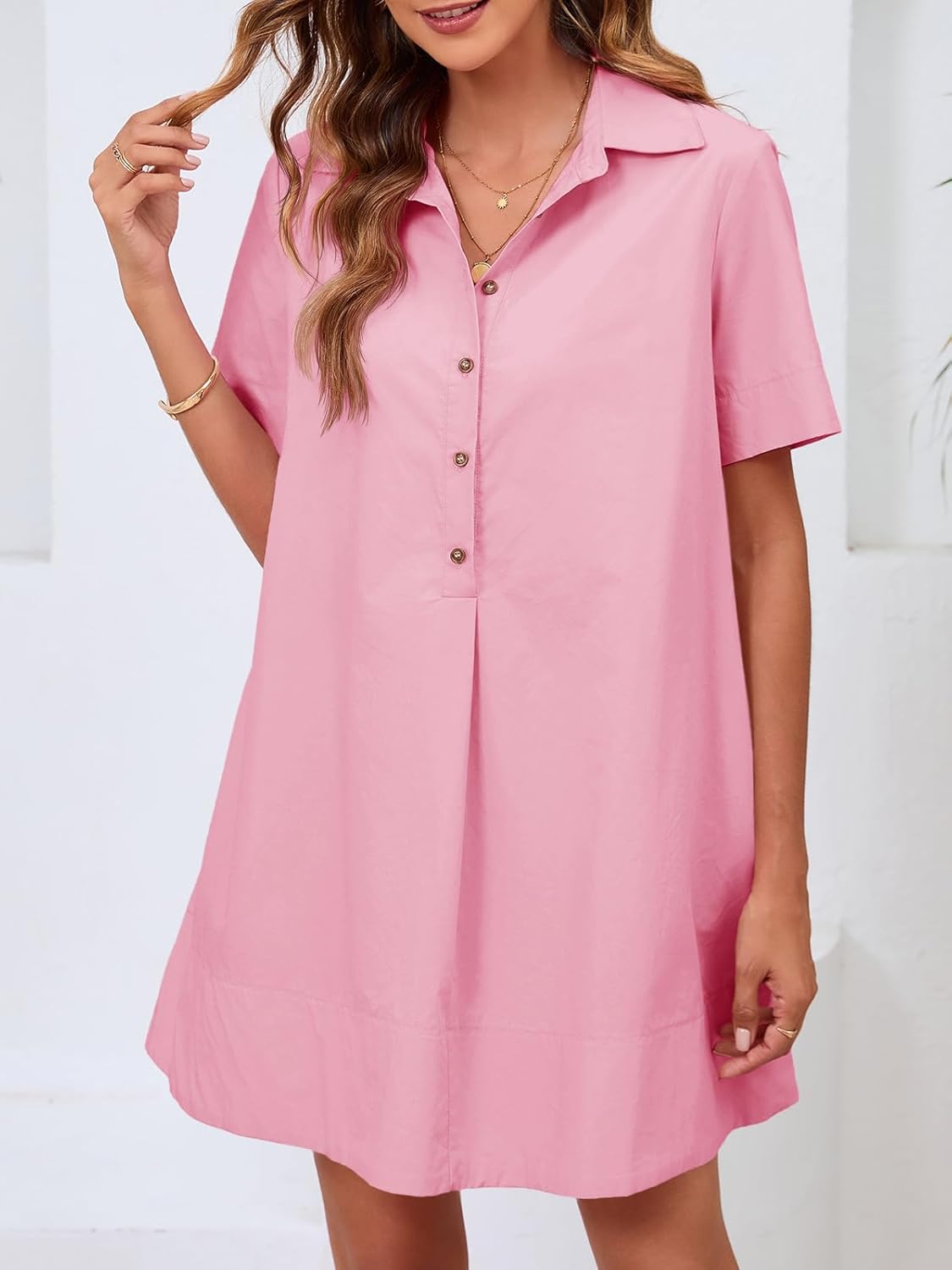 Wenrine Womens Button Down Shirt Dress Oversized Casual Short Sleeve Collared V Neck Summer Mini Dresses