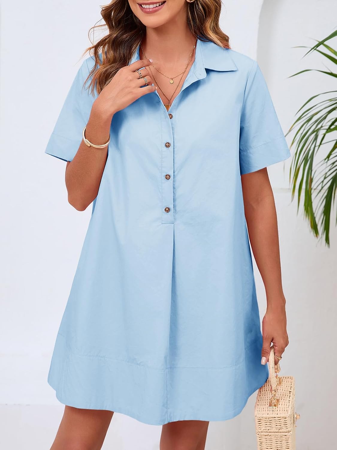 Wenrine Womens Button Down Shirt Dress Oversized Casual Short Sleeve Collared V Neck Summer Mini Dresses