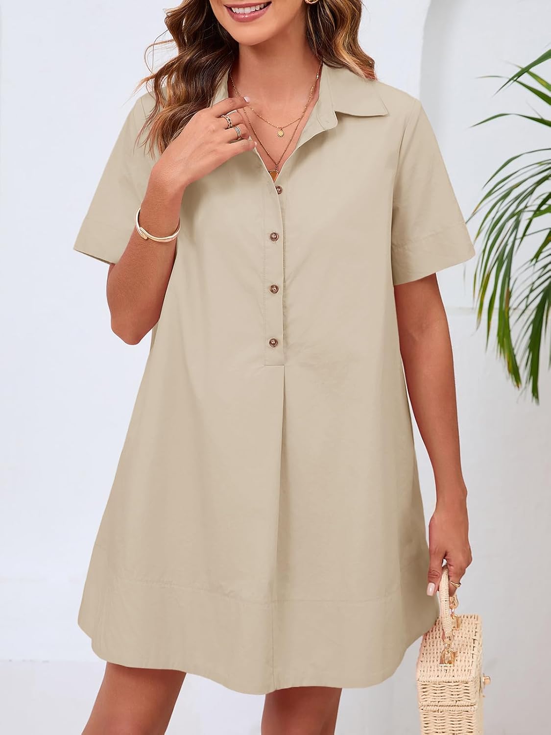 Wenrine Womens Button Down Shirt Dress Oversized Casual Short Sleeve Collared V Neck Summer Mini Dresses