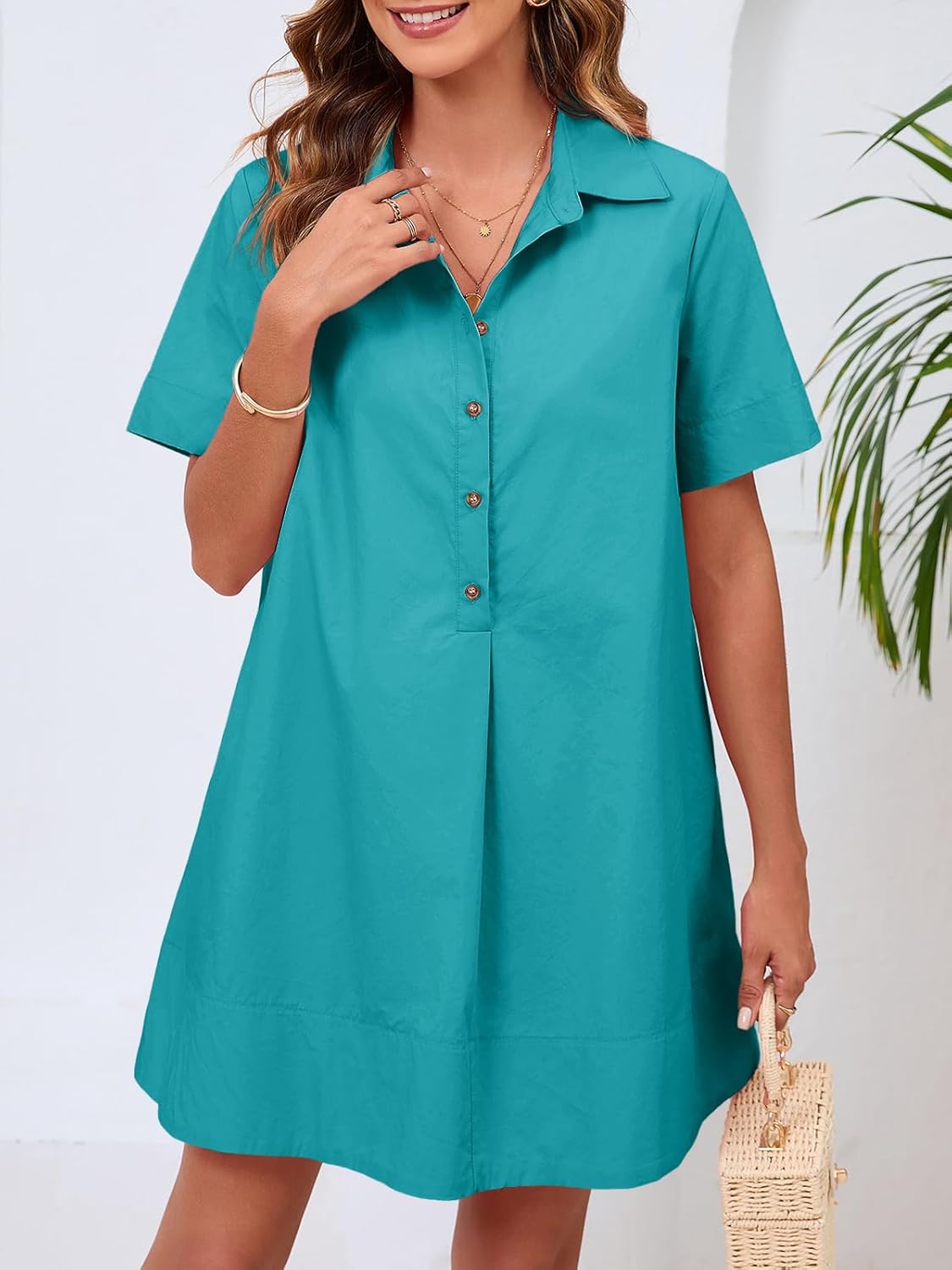 Wenrine Womens Button Down Shirt Dress Oversized Casual Short Sleeve Collared V Neck Summer Mini Dresses
