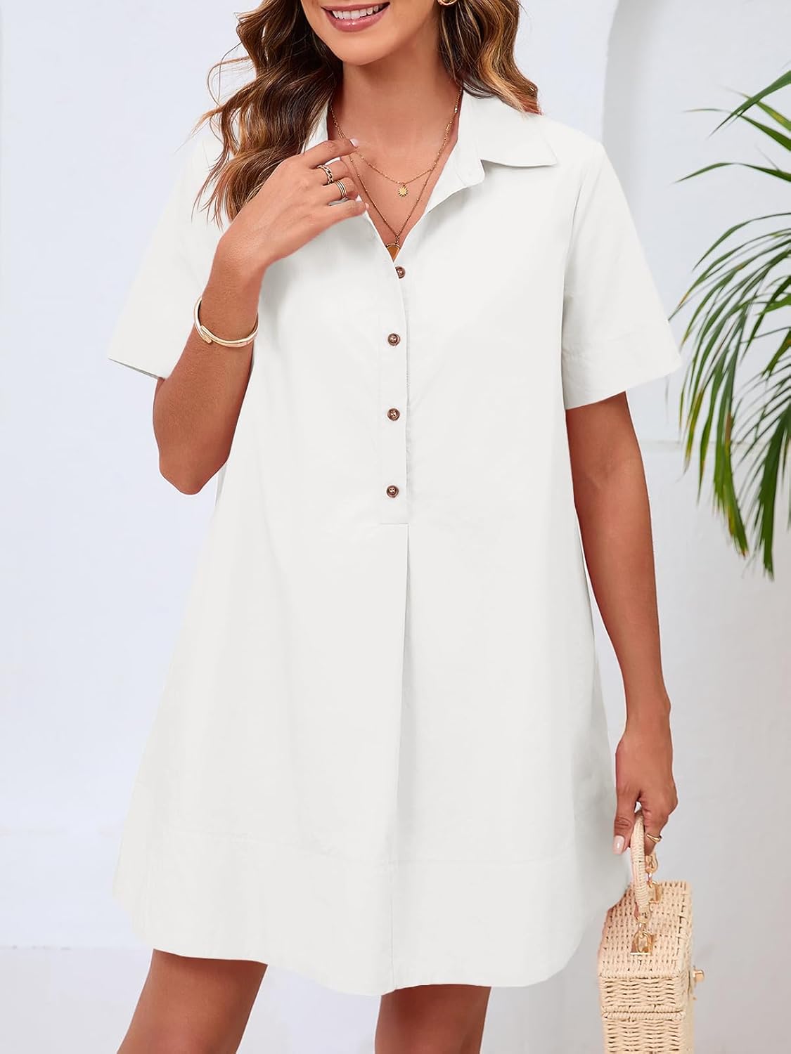 Wenrine Womens Button Down Shirt Dress Oversized Casual Short Sleeve Collared V Neck Summer Mini Dresses