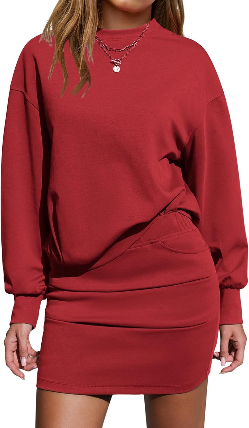 EXLURA Womens Fall 2 Piece Skirt Sets Long Sleeve Mock Neck Sweatshirt Skort Matching Set Casual Lounge Airport Outfits 2025