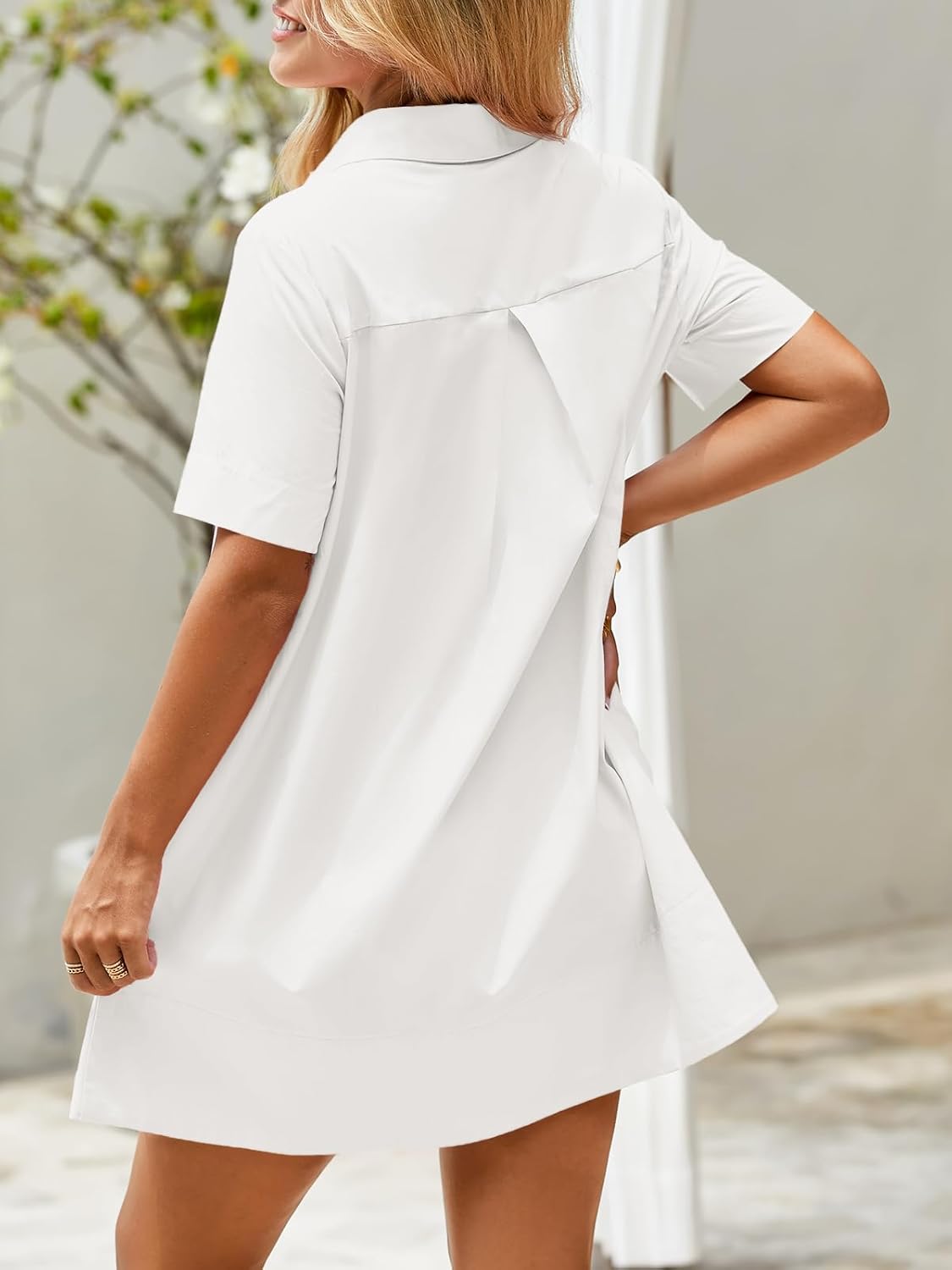 Wenrine Womens Button Down Shirt Dress Oversized Casual Short Sleeve Collared V Neck Summer Mini Dresses
